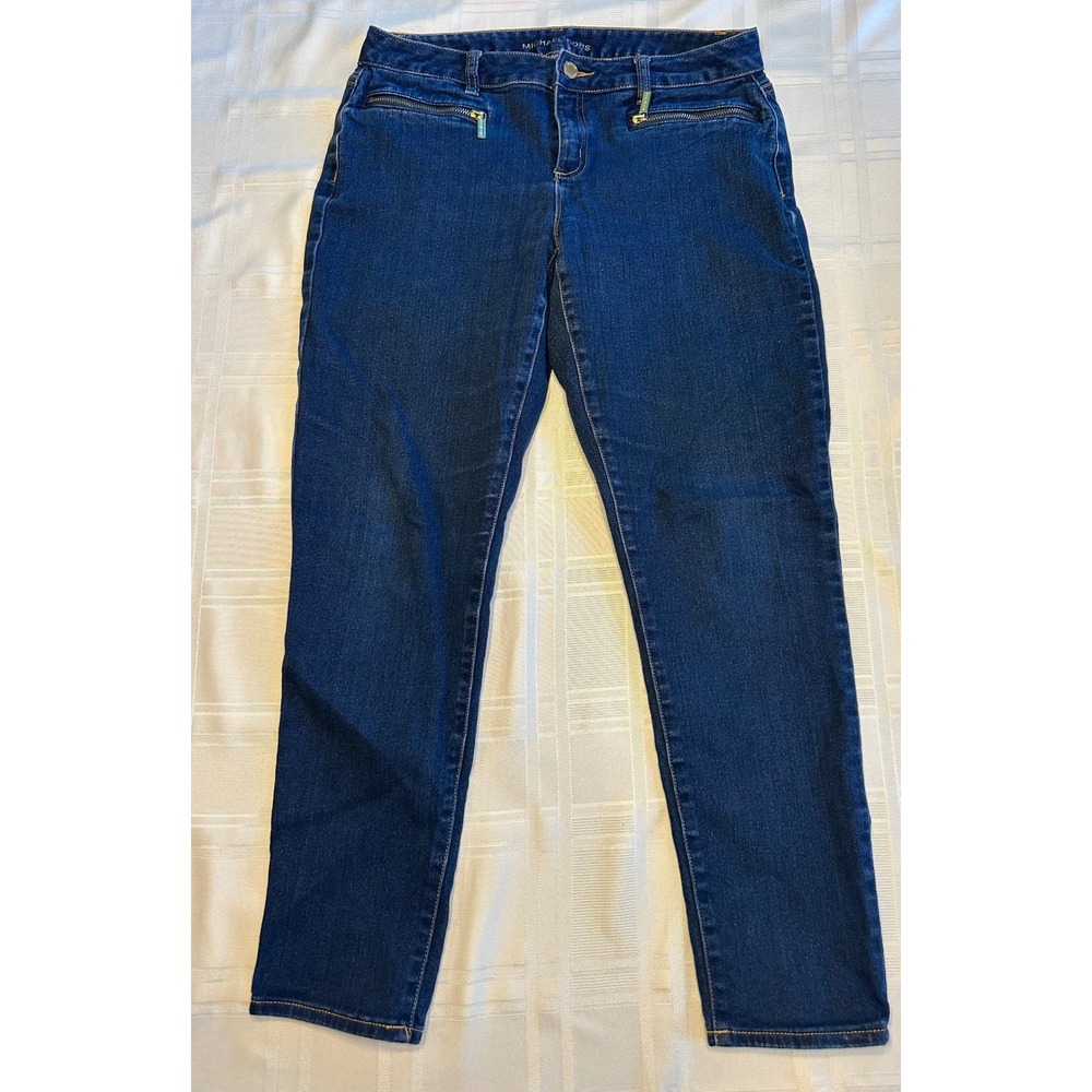 Michael Kors Jeans Women 8 Blue Skinny Slim Gold Zip Detail Dark Wash Denim